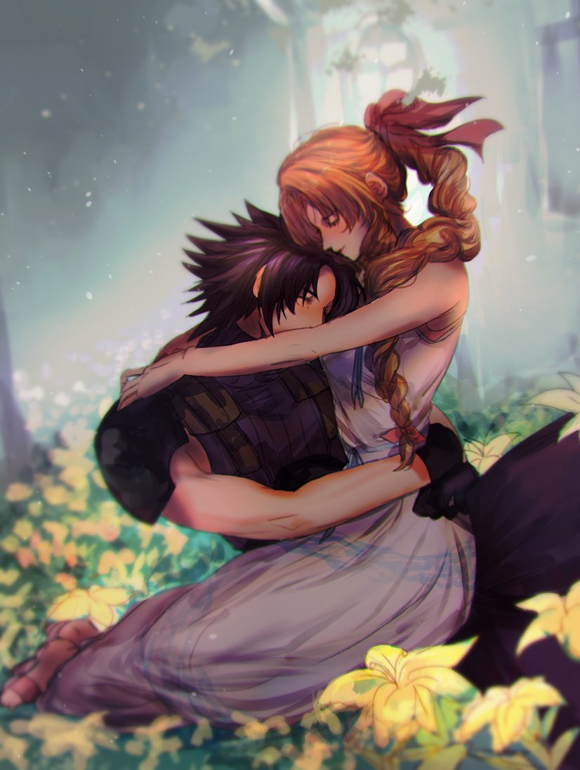 1boy, 1girl, aerith_gainsborough, armor, bare_arms, bare_shoulders, black_hair, braid