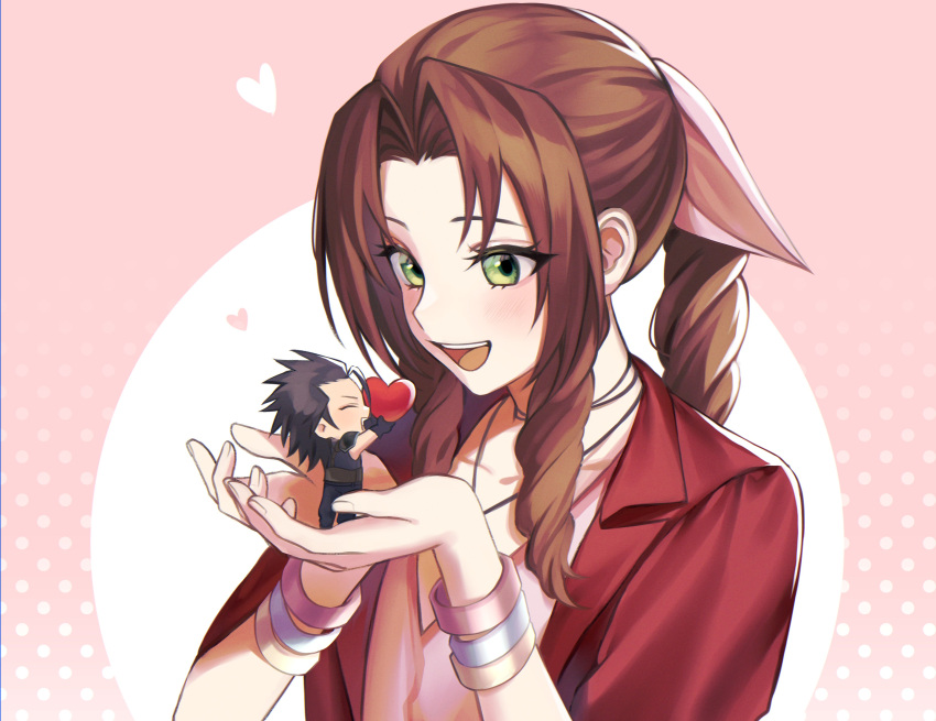 1boy, 1girl, absurdres, aerith_gainsborough, black_hair, bracelet, braid, braided_ponytail, brown_hair, chibi, couple, crisis_core_final_fantasy_vii, dress, final_fantasy, final_fantasy_vii, final_fantasy_vii_remake, green_eyes, hair_ribbon, heart, highres, holding, holding_heart, in_palms, jacket, jewelry, long_hair, looking_at_another, miniboy, montaro, open_mouth, pink_dress, pink_ribbon, red_jacket, ribbon, spiky_hair, zack_fair