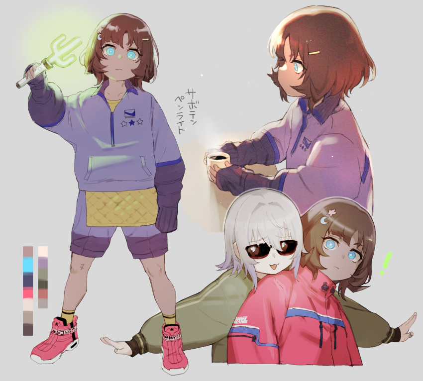 2girls, :3, armpits, atte_nanakusa, blue_eyes, blue_shorts, blue_sweater, bomb_suicider_(atte_nanakusa), brown_hair, child, closed_mouth, color_guide, grey_hair, hair_ornament, hairclip, high_tops, highres, holding, legs_apart, looking_at_viewer, multiple_girls, original, outstretched_arms, pale_skin, pink_footwear, shoes, shorts, sneakers, spread_arms, standing, sunglasses, sweater, wide-eyed