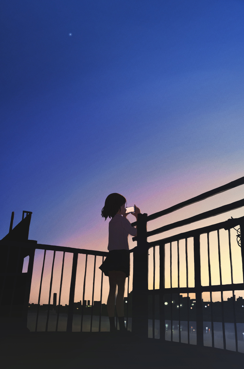 1girl, absurdres, black_hair, black_skirt, black_socks, blue_sky, cellphone, evening