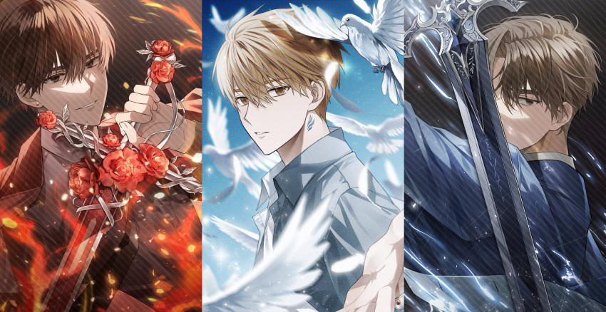 1yeol_eum, 3boys, absurdres, bird, blue_background, brown_eyes, brown_hair, character_request