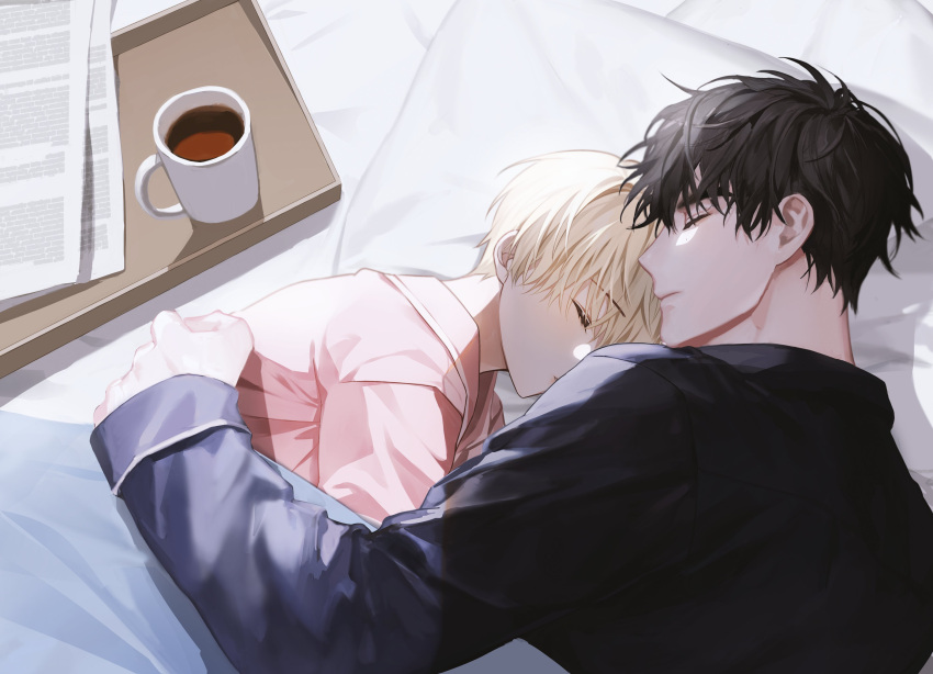 1boy, 1girl, 1yeol_eum, absurdres, black_hair, blonde_hair, closed_eyes, coffee