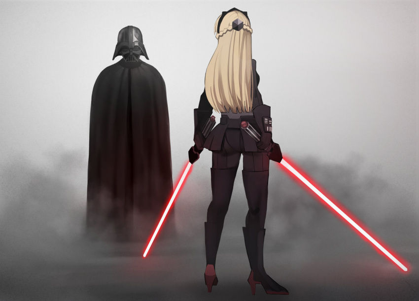 1boy, 1girl, am_(star_wars), black_gloves, black_hairband, black_skirt, blonde_hair, boots