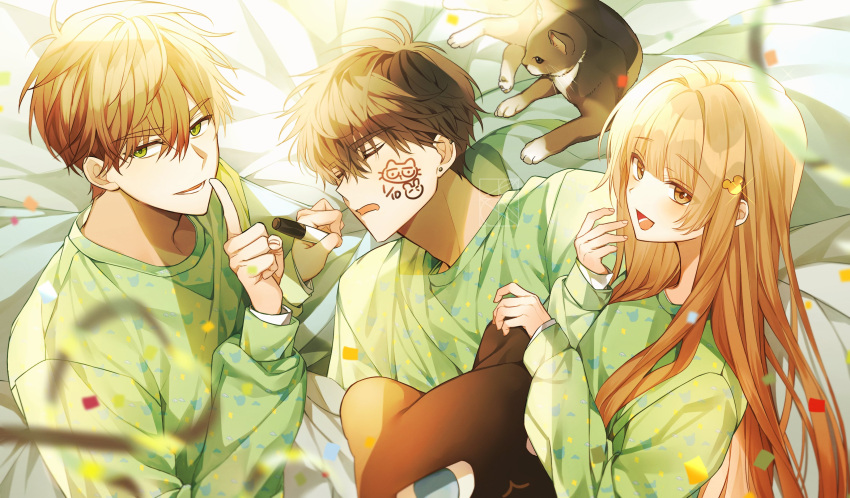 1girl, 1yeol_eum, 2boys, absurdres, animal, bed_sheet, black_hair, brown_eyes