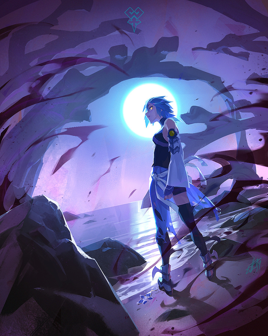 1girl, anti-aqua, aqua_(kingdom_hearts), bare_shoulders, beach, blue_hair, boots, breasts