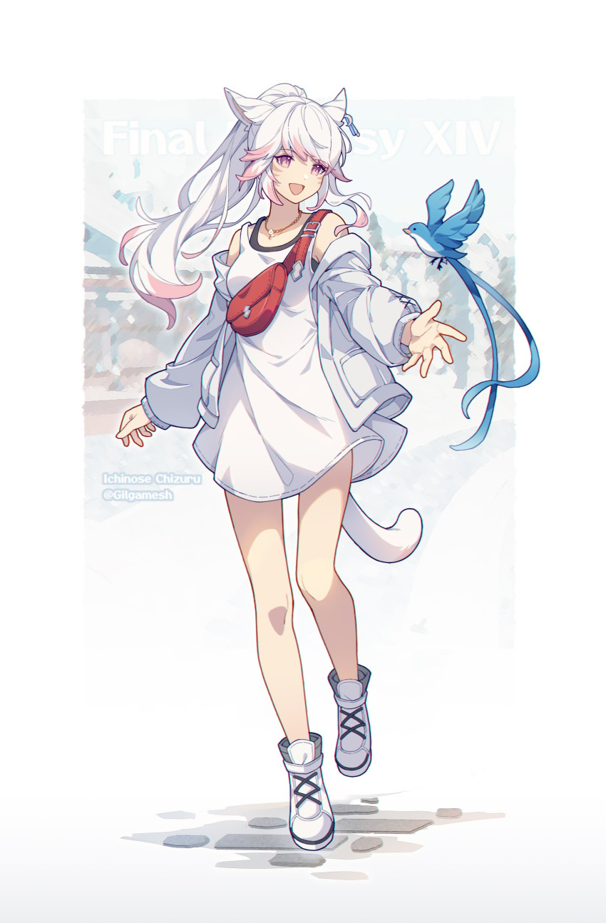 1girl, 9yuki, :d, absurdres, alternate_form, animal_ears, avatar_(ff14), bag, bangs, bare_shoulders, bird, blue_bird, blurry, blurry_background, border, cat_ears, cat_girl, cat_tail, character_name, cobblestone, collarbone, colored_tips, commentary, copyright_name, cross-laced_footwear, dress, earrings, facial_mark, fanny_pack, final_fantasy, final_fantasy_xiv, full_body, high_ponytail, highres, jacket, jewelry, leg_up, long_hair, long_sleeves, looking_at_animal, meteion, miqo'te, multicolored_hair, necklace, off_shoulder, open_mouth, outside_border, outstretched_hand, pink_eyes, pink_hair, shoes, shoulder_bag, single_earring, slit_pupils, smile, sneakers, solo, symbol-only_commentary, tail, two-tone_hair, walking, white_border, white_dress, white_footwear, white_hair, white_jacket