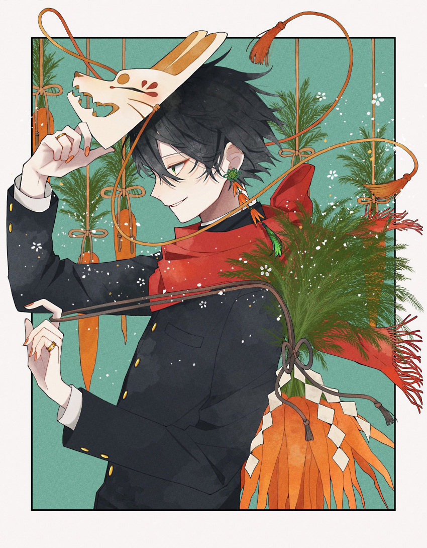 1boy, bishounen, earrings, highres, holding, holding_mask, jewelry, male_focus