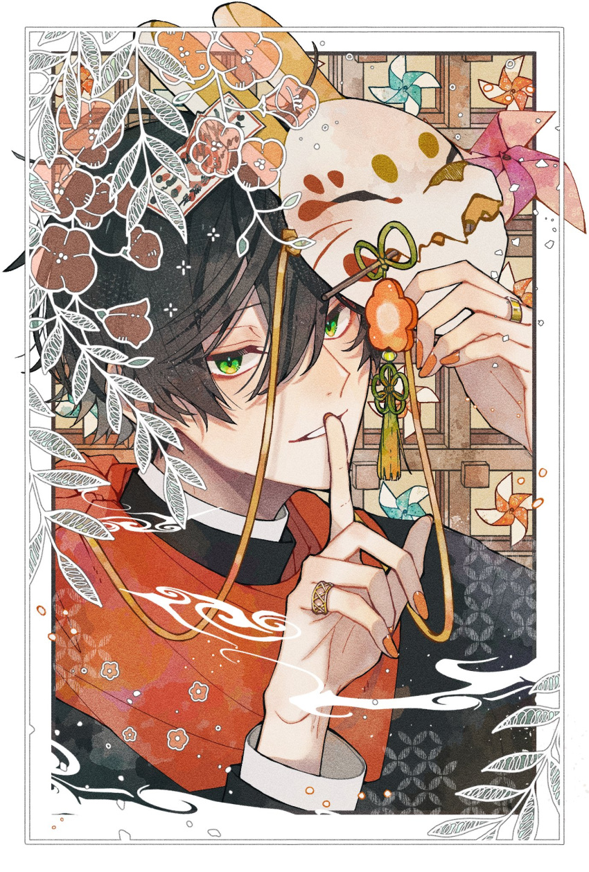 1boy, bishounen, black_hair, green_eyes, highres, jewelry, male_focus, mask