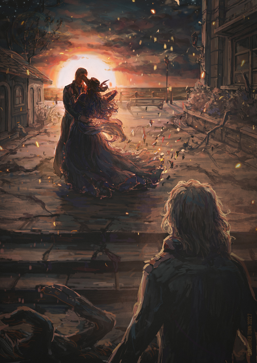 1girl, 2boys, absurdres, bare_tree, bench, black_hair, black_necktie, bush