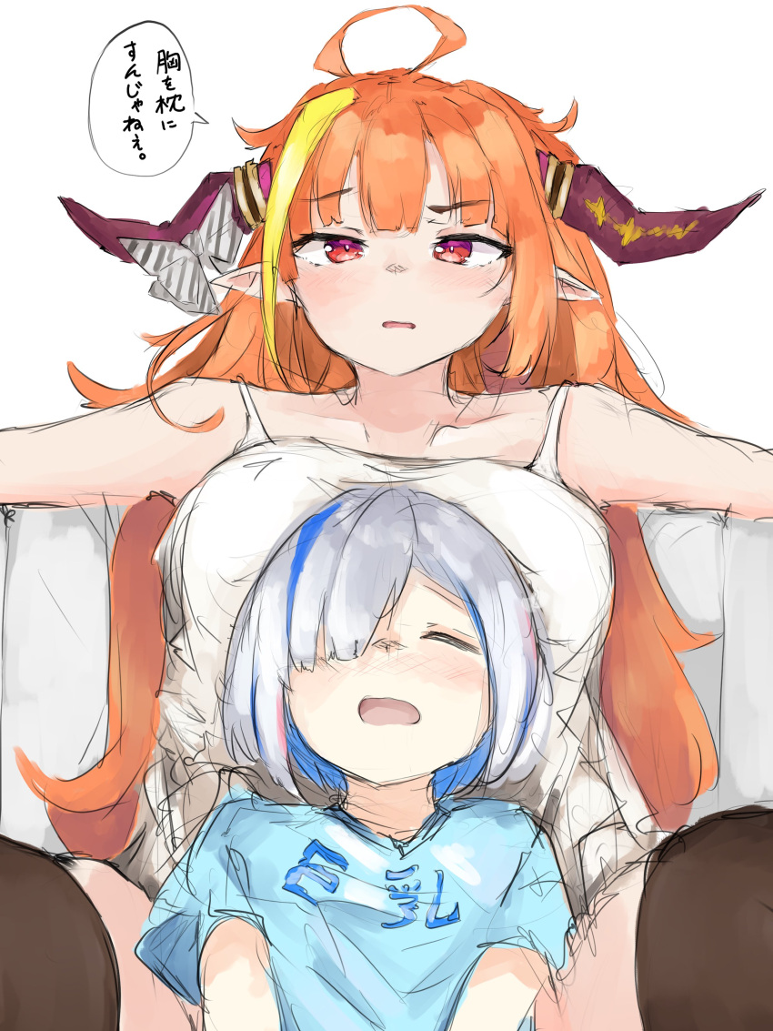 2girls, absurdres, amane_kanata, bangs, blue_shirt, blunt_bangs, bow, breast_pillow