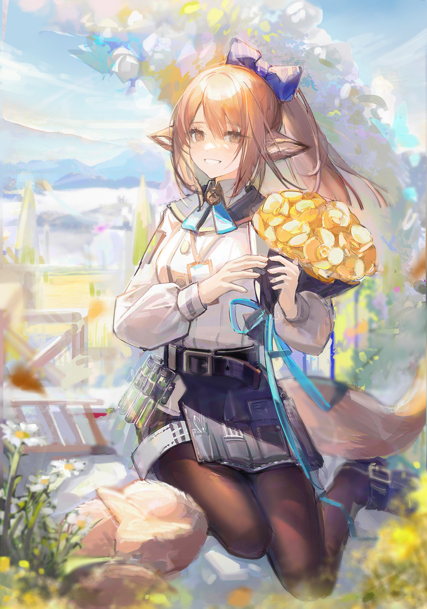 1girl, absurdres, animal_ears, arknights, black_pantyhose, bouquet, fennec_fox, flower, fox_ears, hair_ribbon, high_ponytail, highres, holding, holding_bouquet, id_card, loafers, neriash, official_alternate_costume, pantyhose, perfumer_(arknights), perfumer_(species_plantarum)_(arknights), ponytail, ribbon, shoes, sitting, vial