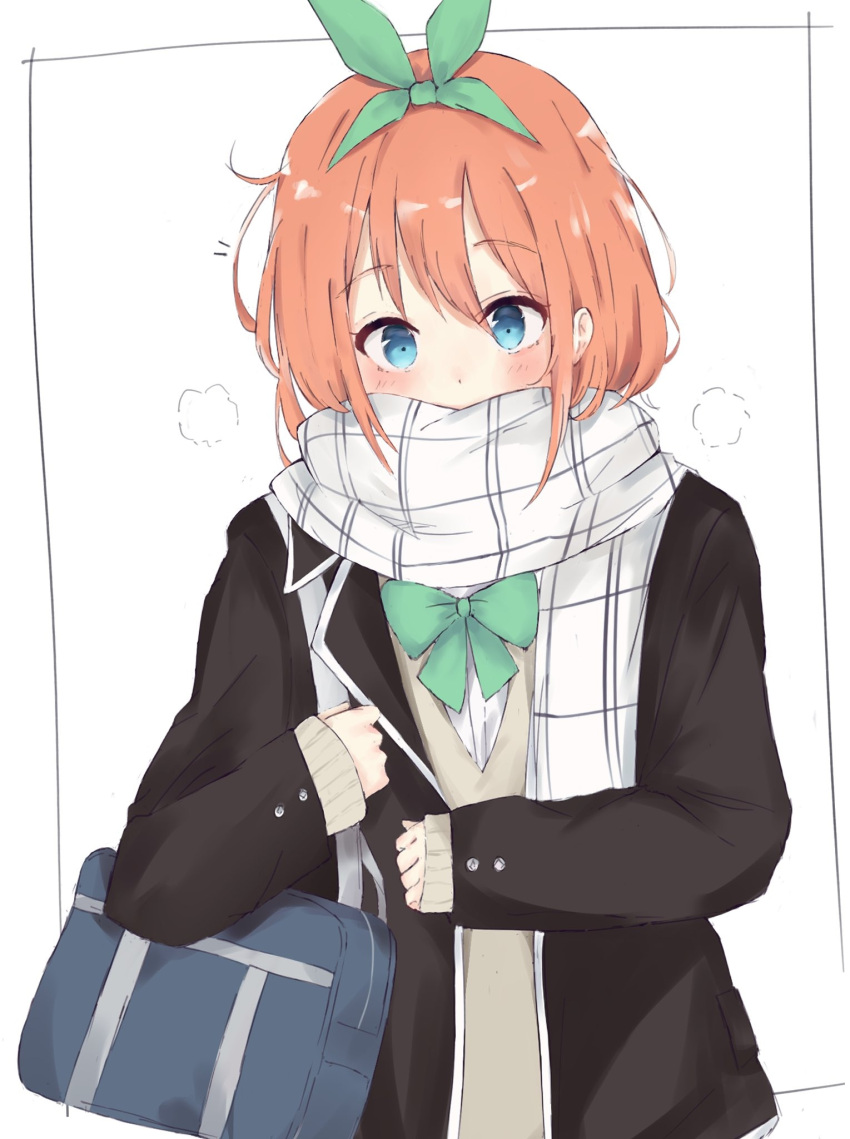 bag, bangs, black_jacket, blue_eyes, blush, border, bow, breath