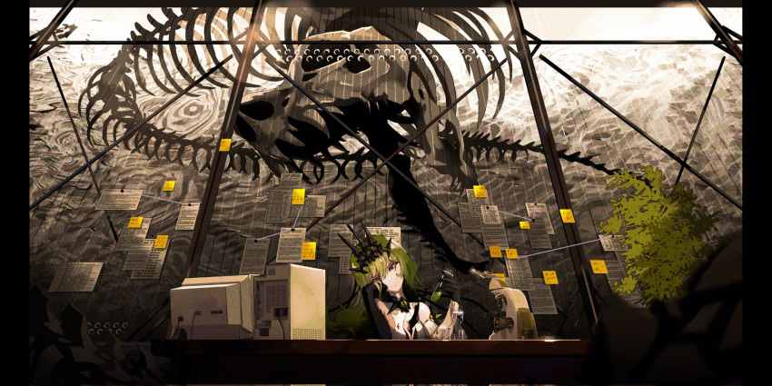 1girl, bangs, black_dress, black_gloves, closed_mouth, crown, desk, dinosaur_skull, dress, flask, gloves, green_eyes, green_hair, hand_on_own_cheek, hand_on_own_face, highres, holding, holding_flask, honkai_(series), honkai_impact_3rd, krmpuris, long_hair, looking_at_viewer, microscope, mobius_(honkai_impact), monitor, sleeveless, sleeveless_dress, solo
