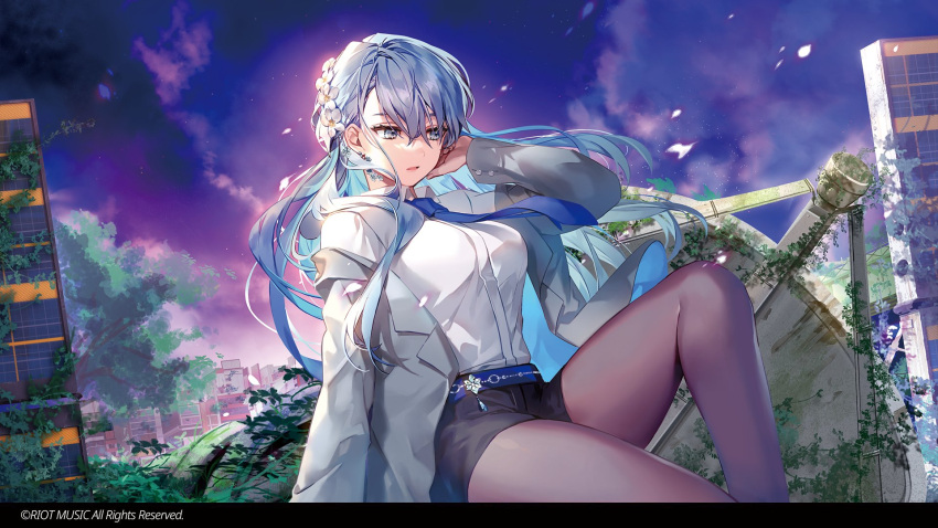 1girl, bangs, belt, blue_eyes, blue_hair, earrings, flower, grey_pantyhose