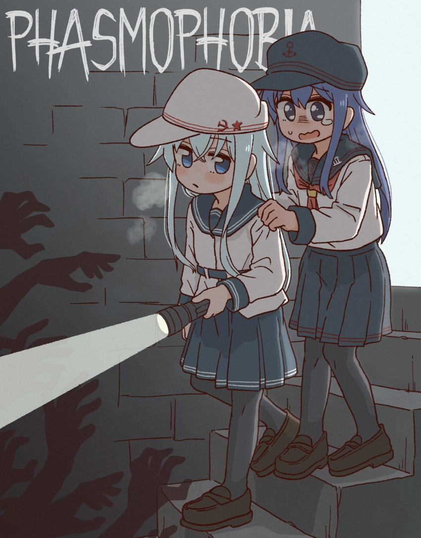 2girls, akatsuki_(kancolle), akatsuki_kai_ni_(kancolle), anchor_symbol, black_footwear, black_headwear, black_pantyhose, black_sailor_collar