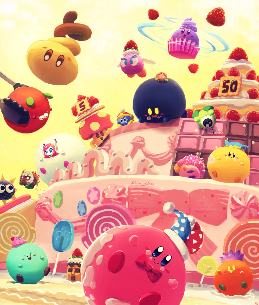 absurdres, blue_skin, blush_stickers, bow, bowtie, bronto_burt, cake, cake_slice
