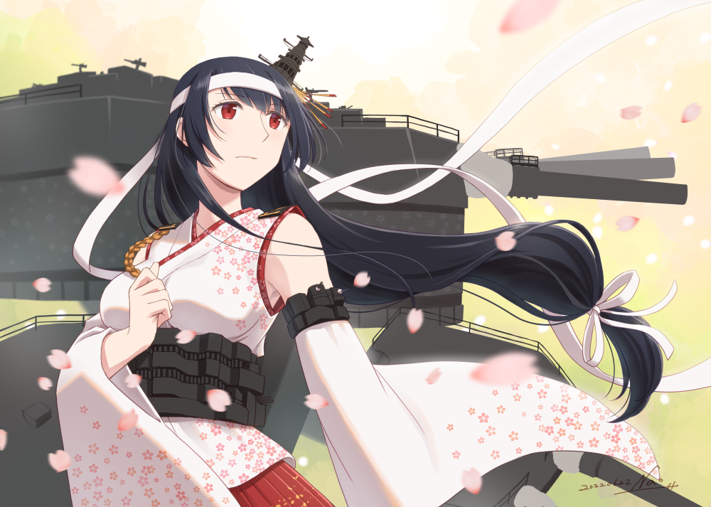 1girl, bare_shoulders, black_hair, blush, closed_mouth, detached_sleeves, floral_print, fusou_(kancolle)