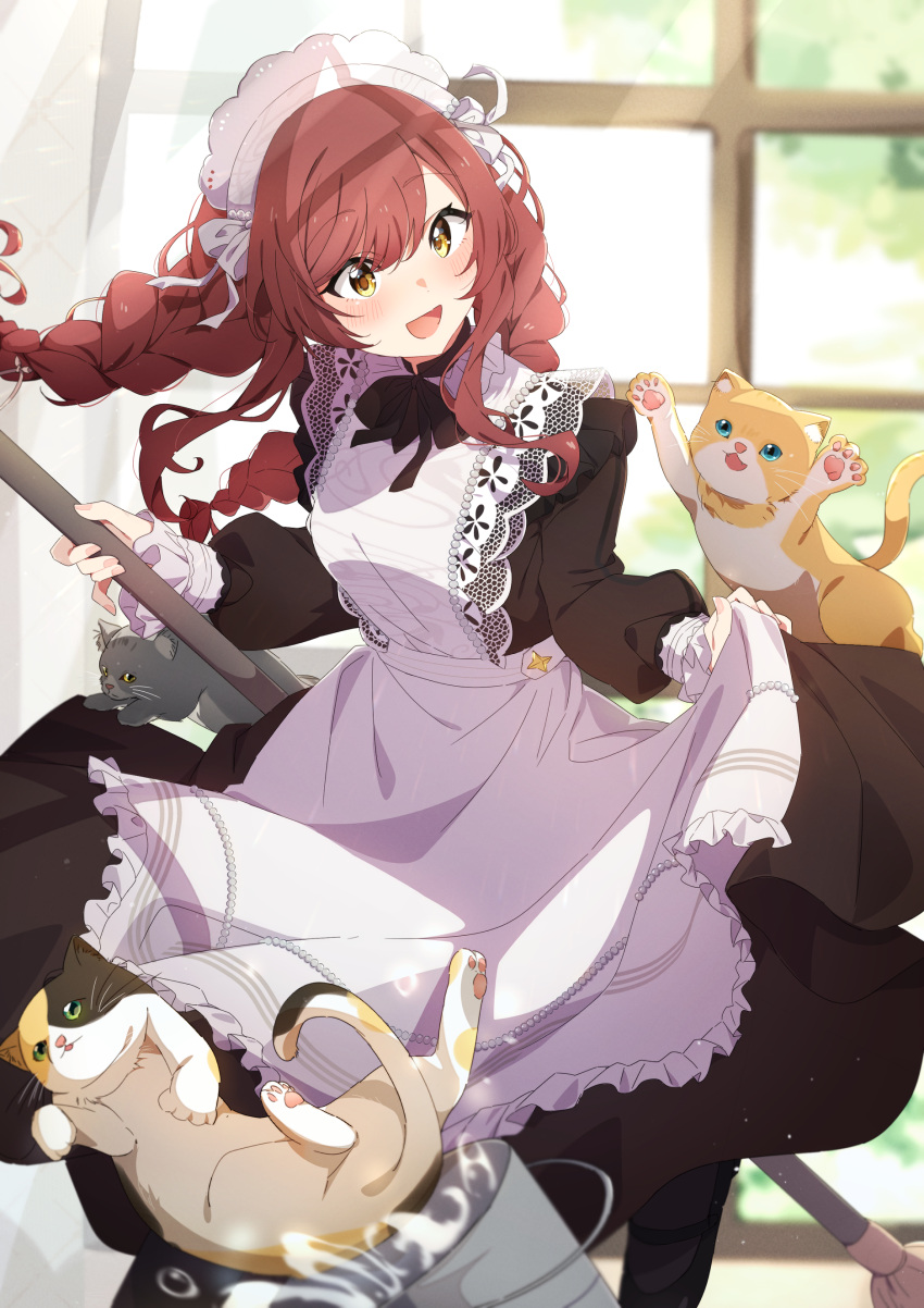 1girl, absurdres, alternate_costume, apron, bangs, black_dress, blush, braid