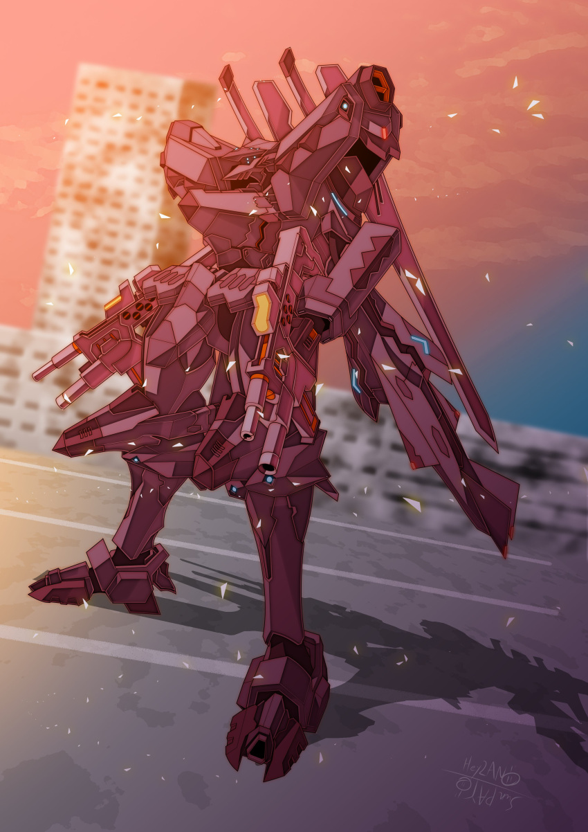 absurdres, blue_eyes, city, commission, dual_wielding, extra_eyes, f-22a_raptor_(muvluv), gun, heyzan, highres, holding, holding_gun, holding_weapon, mecha, muvluv, muvluv_alternative, no_humans, robot, shadow, skeb_commission, sky, solo, tactical_surface_fighter, weapon
