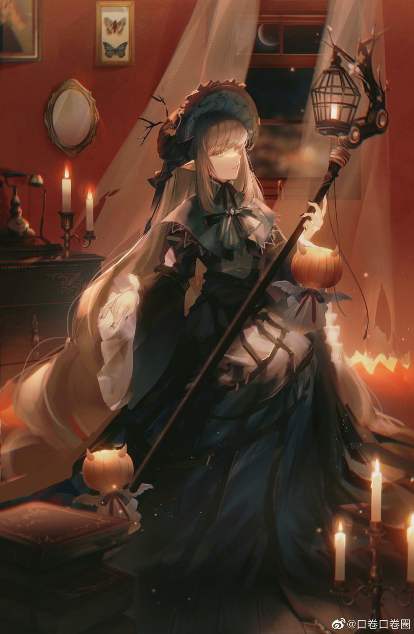 1girl, absurdly_long_hair, absurdres, arknights, birdcage, black_bow, black_bowtie, black_dress