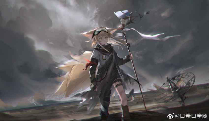 1girl, absurdres, animal_ear_fluff, animal_ears, arknights, armband, asymmetrical_clothes, black_gloves