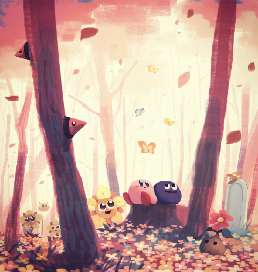 animal, apolo_(kirby), black_eyes, bug, bulby_(kirby), butterfly, creature, falling_leaves, flower, flying, forest, gooey_(kirby), highres, kirby, kirby_(series), leaf, looking_to_the_side, lovely_(kirby), nature, open_mouth, outdoors, scarfy, sitting, sunset, suyasuyabi, tree
