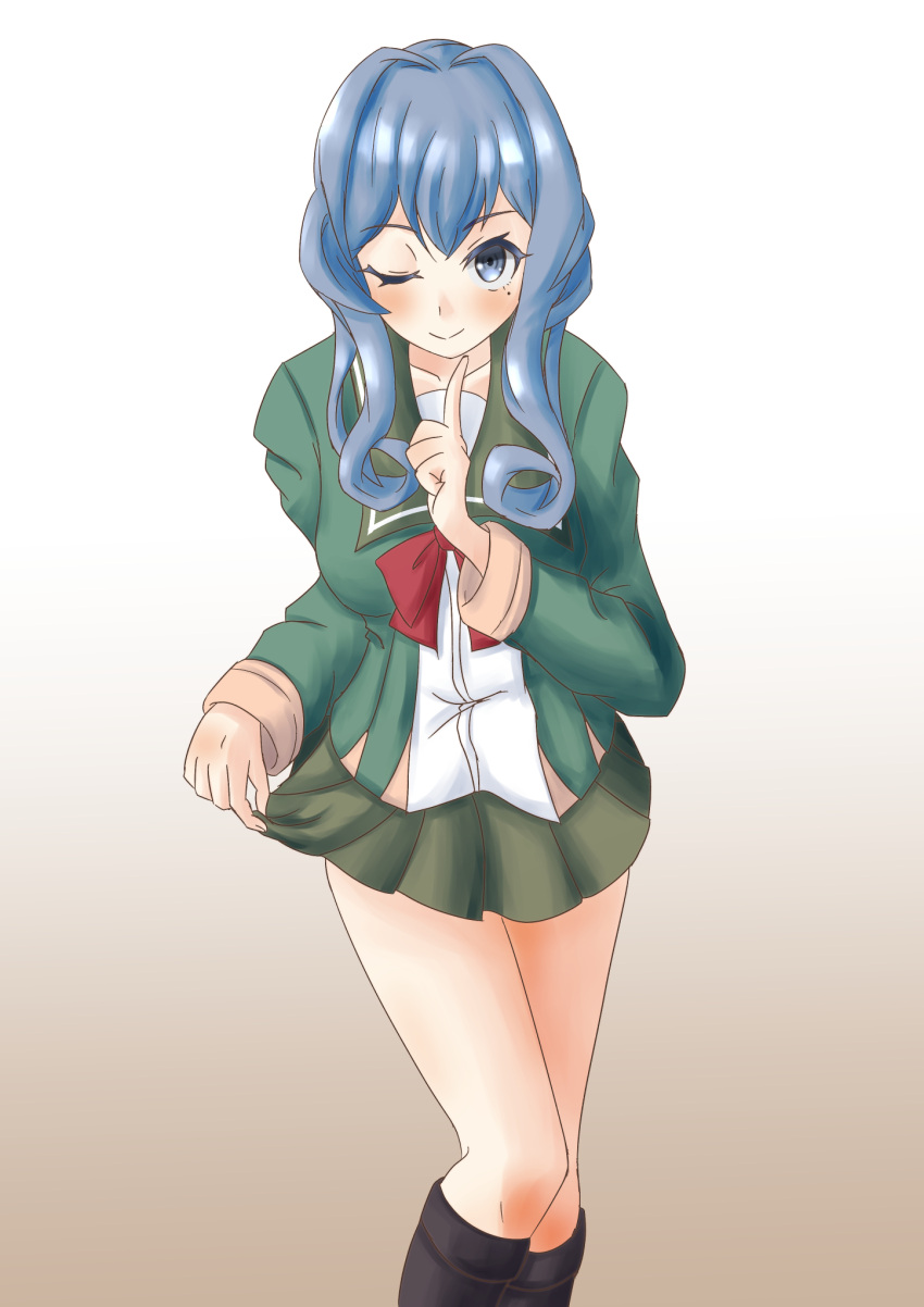 black_socks, blue_eyes, blue_hair, clothes_lift, cosplay, finger_to_own_chin, gotland_(kancolle), green_jacket, green_skirt, highres, ishigaki_(kancolle), ishigaki_(kancolle)_(cosplay), jacket, kantai_collection, miniskirt, mole, mole_under_eye, nawohata, one_eye_closed, school_uniform, serafuku, sidelocks, skirt, skirt_lift, smile, socks, takao_kanon, voice_actor_connection
