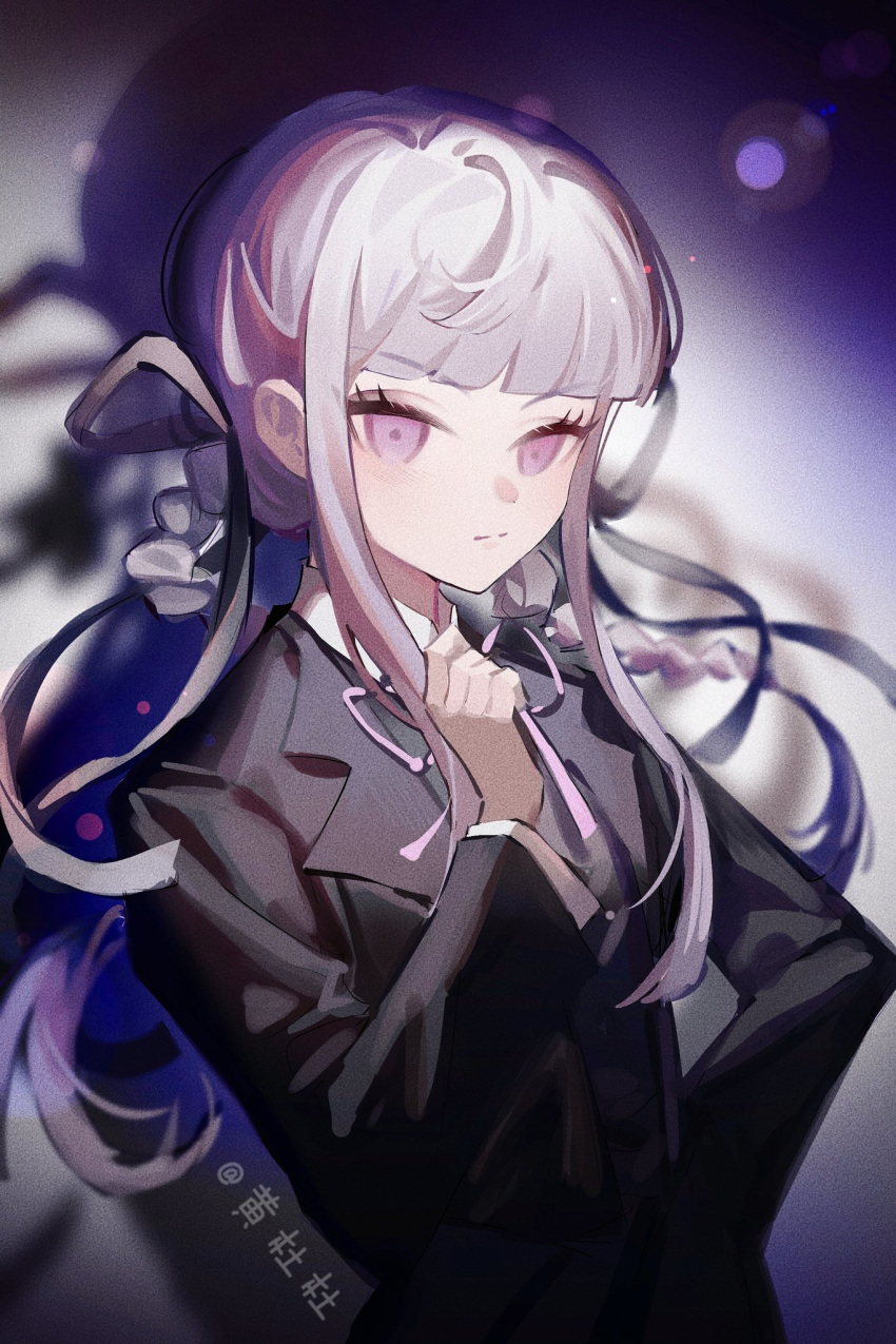 1girl, bangs, black_jacket, blue_background, blunt_bangs, braid, closed_mouth, collared_shirt