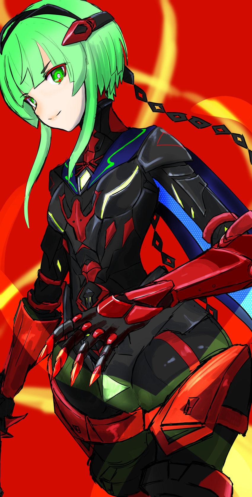 1girl, absurdres, chest_jewel, gem, green_eyes, green_hair, highres, ino_(xenoblade), joints, karian909, mecha, mechanical_arms, mechanical_legs, red_background, robot, robot_joints, smile, solo, xenoblade_chronicles_(series), xenoblade_chronicles_3