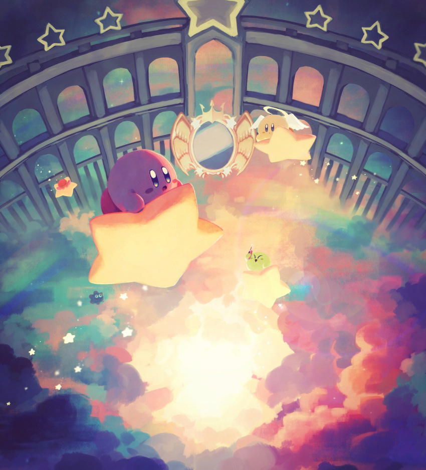 angel_wings, blue_eyes, blush_stickers, cellphone, clouds, dimension_mirror, gooey_(kirby), halo