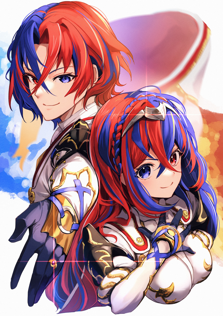 1boy, 1girl, alear_(fire_emblem)_(female), alear_(fire_emblem)_(male), armor, bangs, blue_eyes, blue_hair