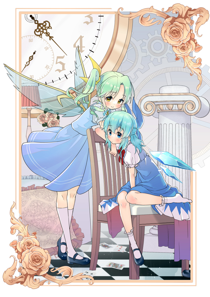 2girls, absurdres, arm_support, black_footwear, blue_bow, blue_dress, blue_eyes, blue_hair, blush, bow, card, chair, checkered_floor, chinese_commentary, cirno, closed_mouth, column, commentary_request, daiyousei, detached_wings, dress, fairy_wings, flower, framed, full_body, gears, green_hair, hair_between_eyes, hair_bow, head_rest, highres, ice, ice_wings, jack_of_spades, king_of_diamonds, kneehighs, lampshade, leaf, leaning_forward, long_hair, looking_at_viewer, mary_janes, medium_hair, multiple_girls, neck_ribbon, neckerchief, on_chair, one_side_up, pillar, pillow, playing_card, puffy_short_sleeves, puffy_sleeves, red_neckerchief, ribbon, rose, seven_of_diamonds, shirt, shoe_removed, shoes, short_sleeves, single_shoe, sitting, six_of_spades, smile, socks, three_of_hearts, touhou, white_flower, white_rose, white_shirt, white_socks, wings, wuzeiiezuw, yellow_eyes, yellow_ribbon