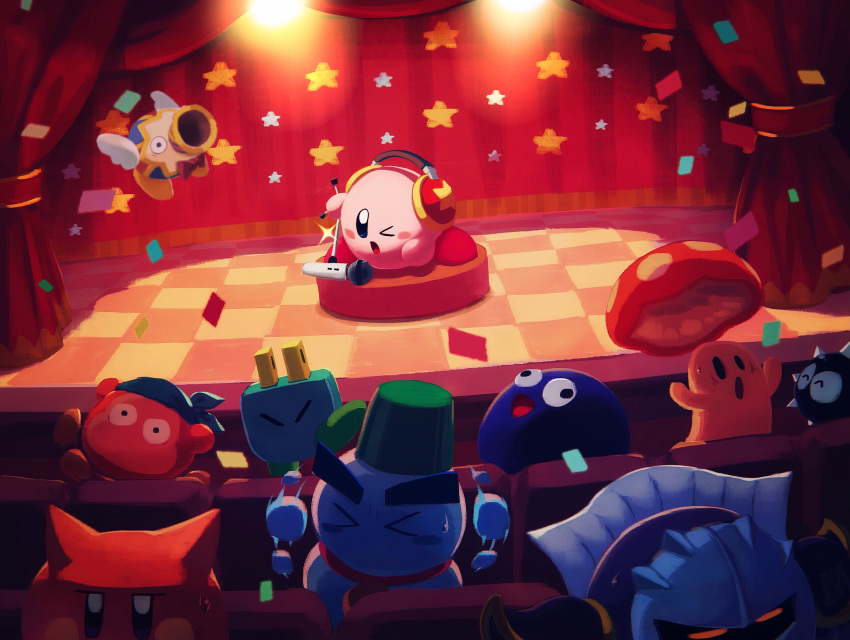 bandana, bandana_waddle_dee, blue_bandana, cappy_(kirby), character_request, checkered_floor, chilly_(kirby), confetti