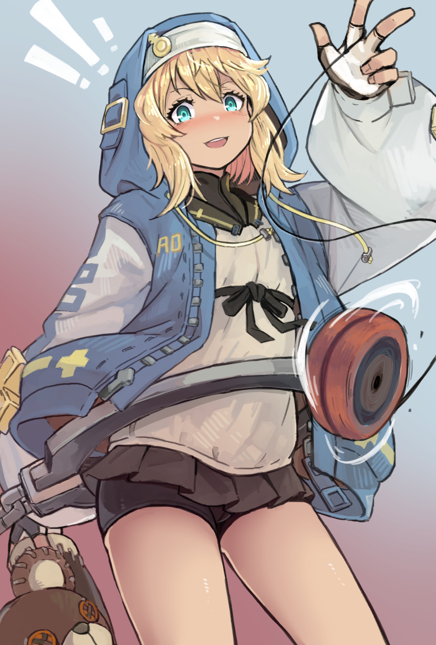 1girl, androgyne_symbol, bangs, bike_shorts, bike_shorts_under_skirt, blush, bridget_(guilty_gear), cuffs