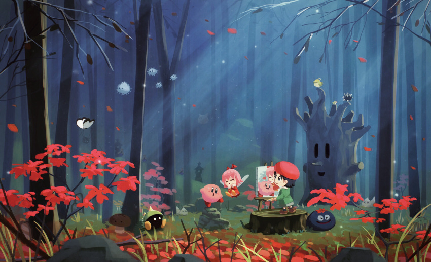 2girls, adeleine, black_hair, bug, butterfly, chip_(kirby), dress, easel