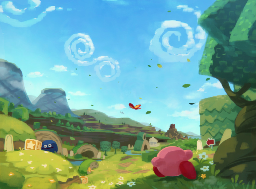 blue_sky, bug, butterfly, castle, castle_dedede, cliff, clouds, day