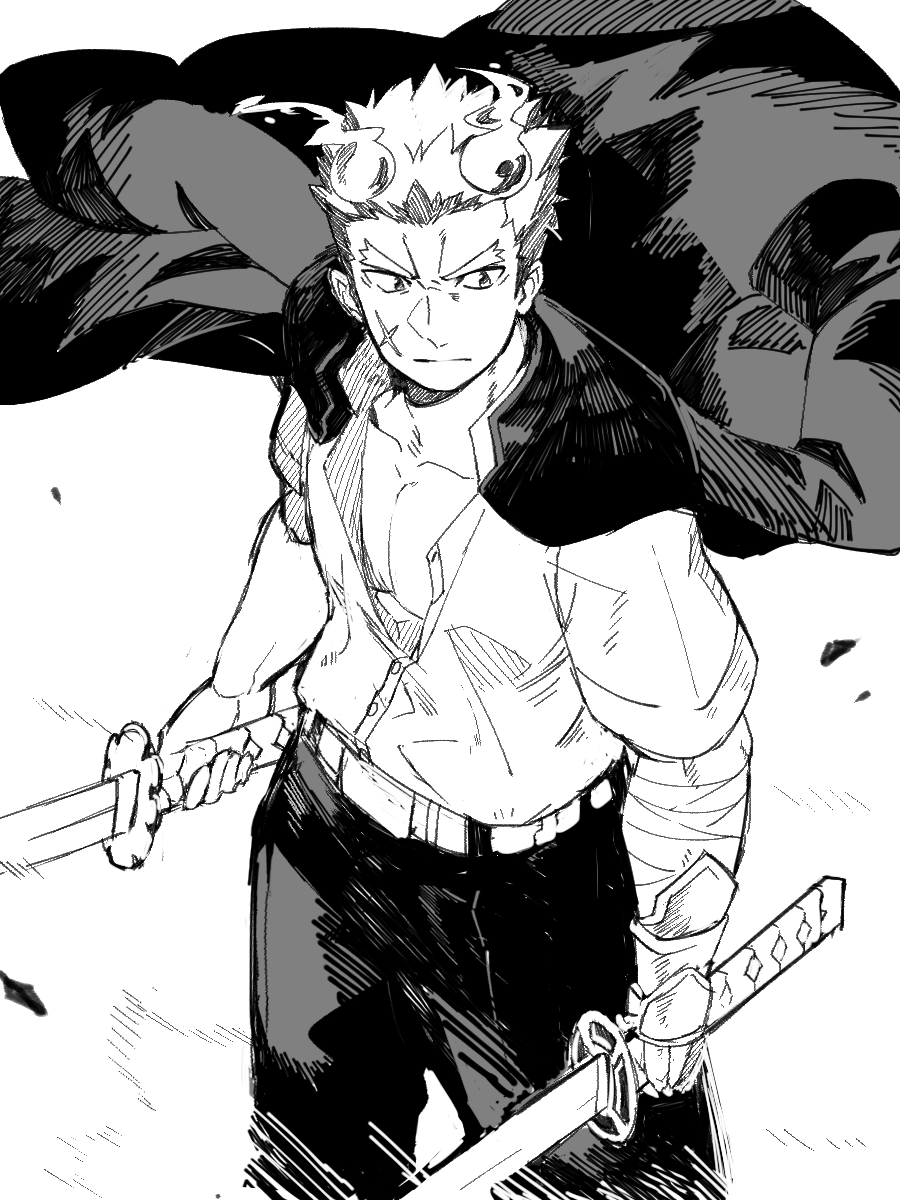 1boy, armor, bandaged_arm, bandages, cowboy_shot, dual_wielding, fiery_hair, fire