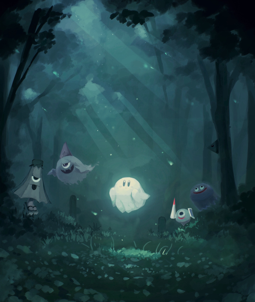 absurdres, copy_ability, creature, fangs, flying, forest, ghost, ghost_knight_(kirby)
