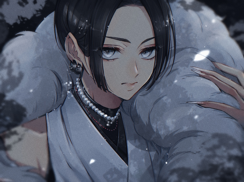 1boy, absurdres, black_hair, closed_mouth, earrings, expressionless, grey_eyes, highres, jewelry, looking_at_viewer, male_focus, nail_polish, necklace, original, pearl_necklace, shirt, short_hair, sleeveless, sleeveless_shirt, solo, white_shirt, yoichi_e