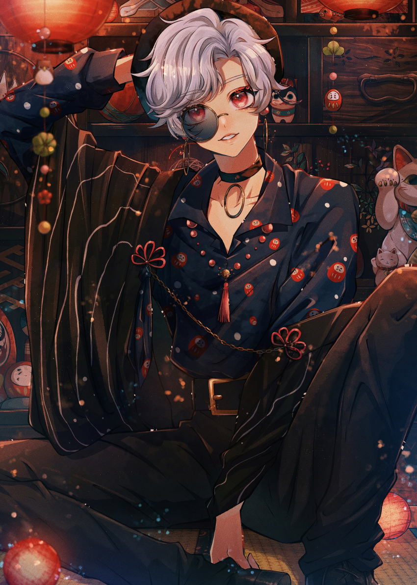 1boy, absurdres, belt, black_pants, black_shirt, choker, collared_shirt, dark-skinned_male, dark_skin, earrings, grey_hair, hat, highres, hoop_earrings, jewelry, long_sleeves, looking_at_viewer, male_focus, monocle, original, pants, red_eyes, shirt, short_hair, smile, solo, teeth, wavy_hair, yoichi_e