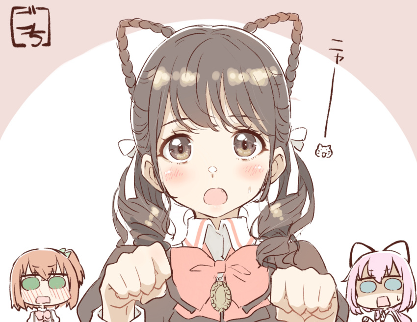 3girls, amamiya_sophia_seren, animal_ears, artist_name, assault_lily, bangs, blue_eyes, blush