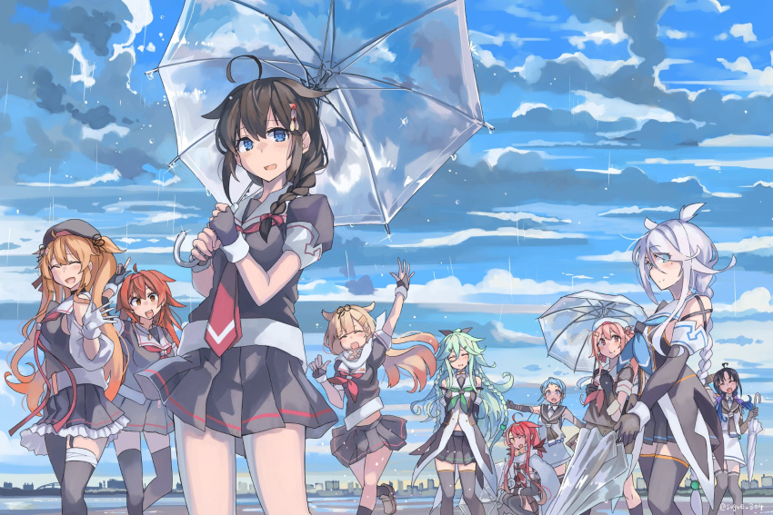 6+girls, ahoge, black_gloves, black_hair, black_neckerchief, black_sailor_collar, black_serafuku, black_skirt