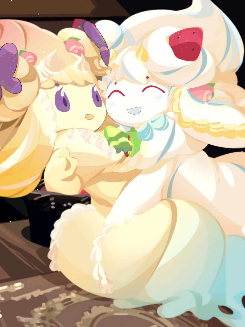 2girls, ^_^, alcremie, alcremie_(lemon_cream), alcremie_(ribbon_sweet), alcremie_(salted_cream), alcremie_(strawberry_sweet), bangs