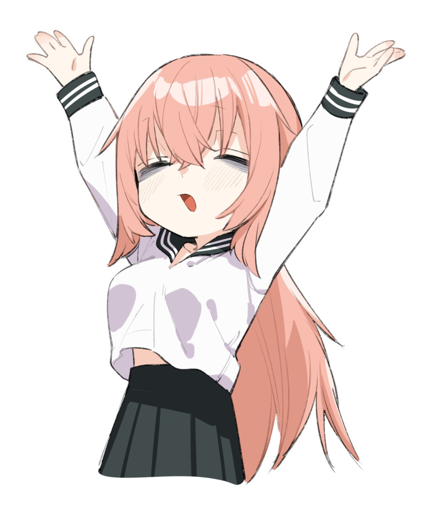 1girl, arms_up, bags_under_eyes, blush, chibi, closed_eyes, hair_between_eyes, happy