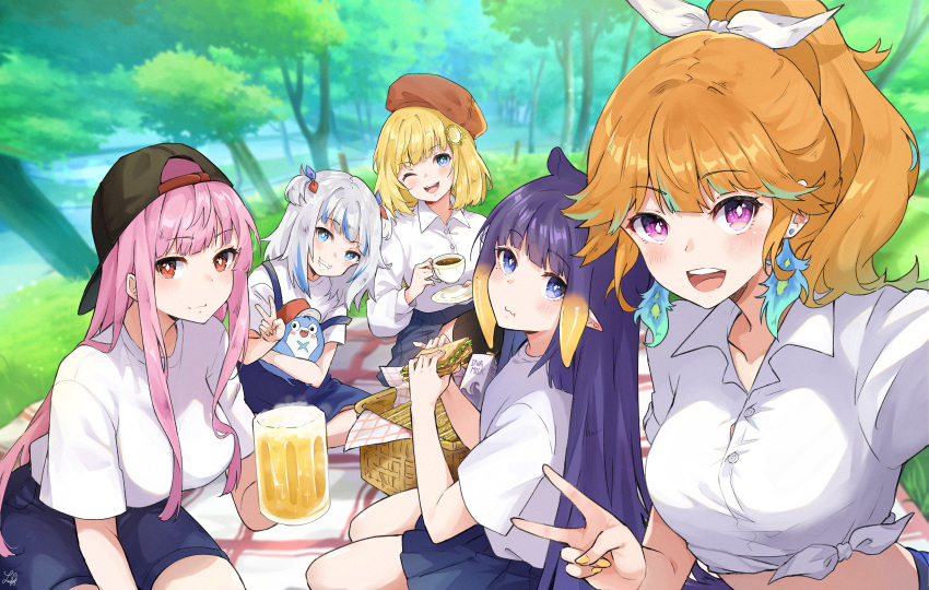 5girls, absurdres, alcohol, aqua_hair, bangs, basket, beer, beret