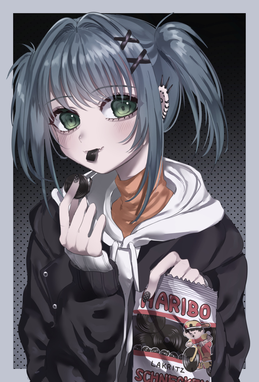 1girl, azen_(mntimcczgrtn), black_jacket, blush, border, ear_piercing, earrings, eating