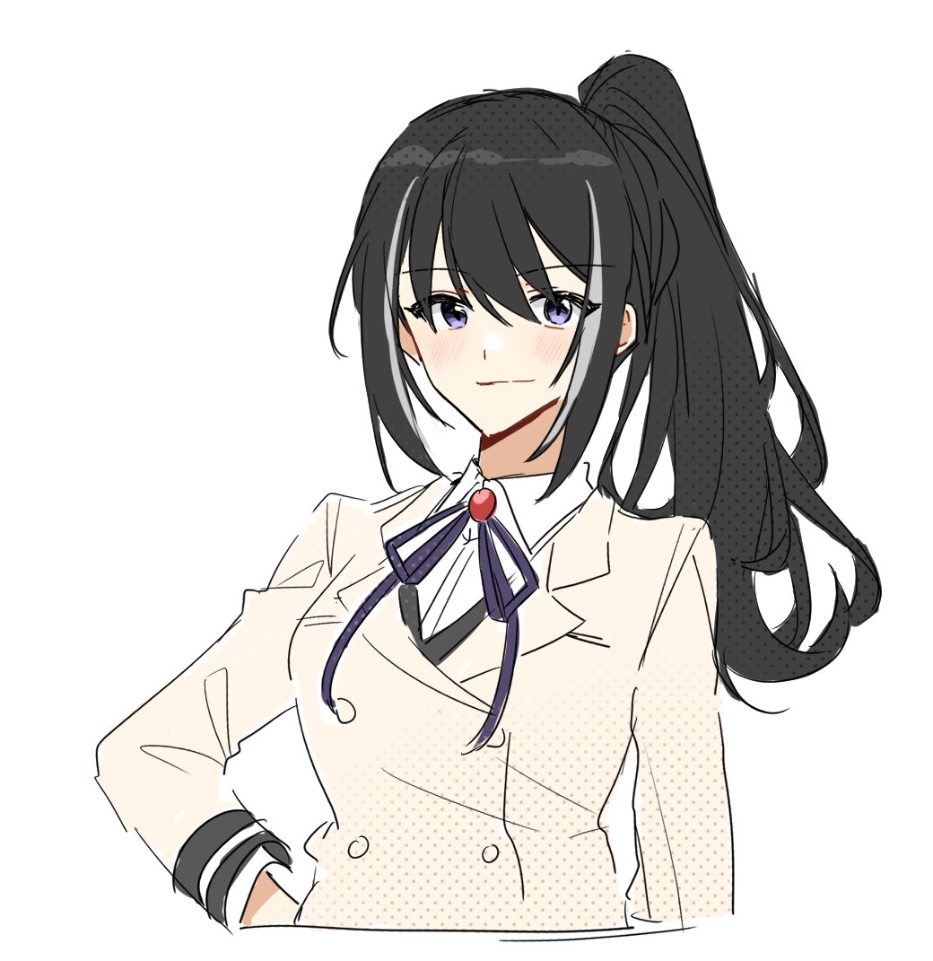 1girl, arm_at_side, bangs, black_hair, blush, brown_jacket, buttons, closed_mouth