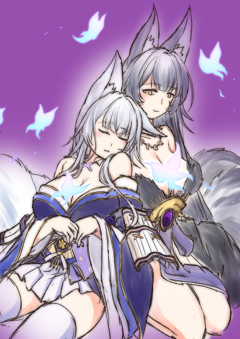 2girls, animal_ear_fluff, animal_ears, azur_lane, beads, black_hair, black_kimono, blue_butterfly