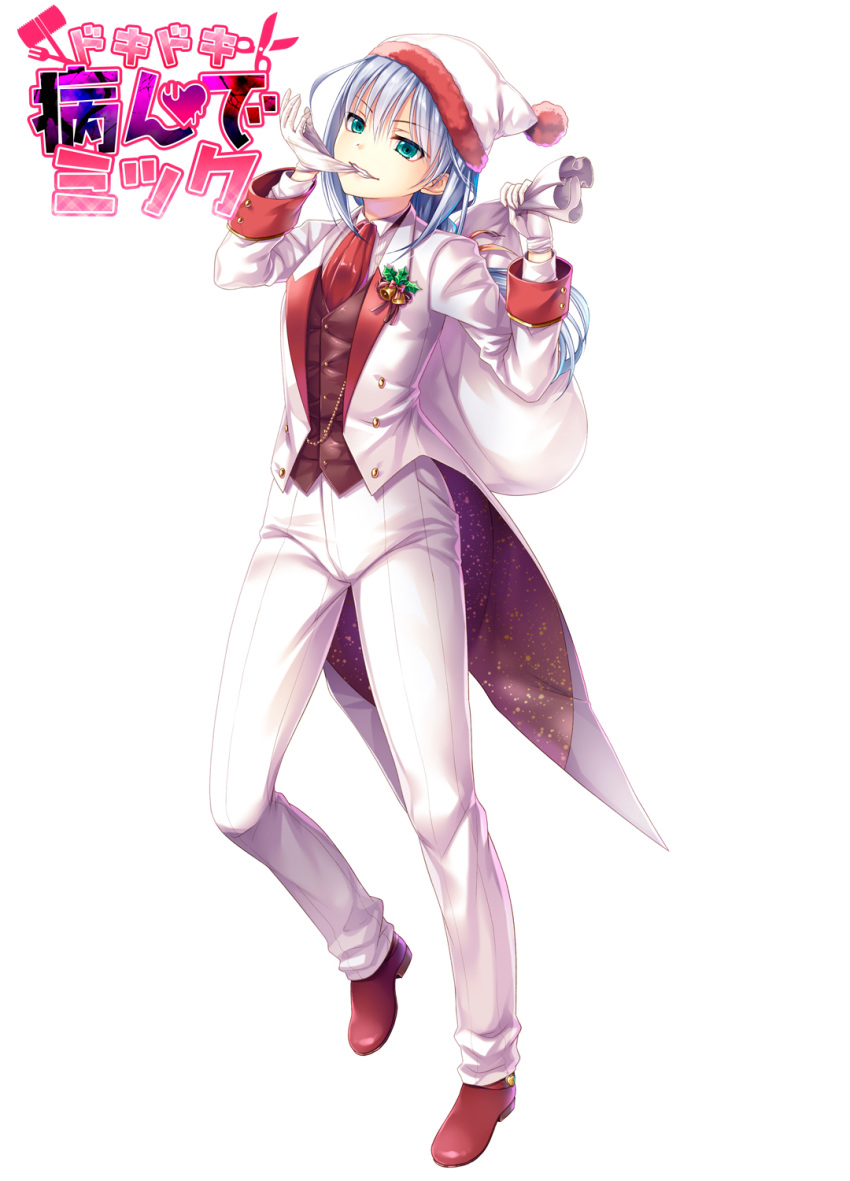 adjusting_clothes, adjusting_gloves, bell, biting, blue_eyes, blue_hair, brown_footwear, copyright_name