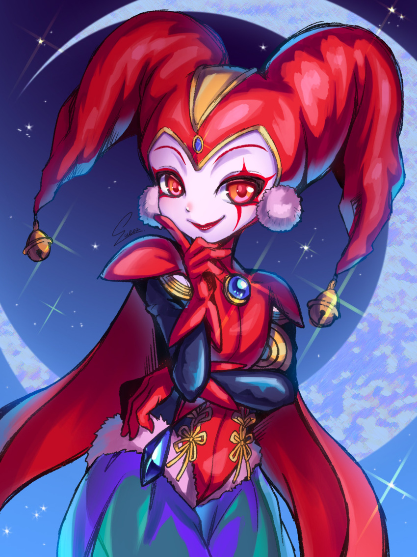 1girl, cape, chrono_cross, crescent_moon, facepaint, glint, gloves, hand_up, harle_(chrono_cross), harlequin, hat, highres, jester_cap, looking_at_viewer, moon, night, night_sky, outdoors, pom_pom_(clothes), red_cape, red_eyes, red_gloves, red_headwear, sky, smile, solo, sue02_(suexxx)